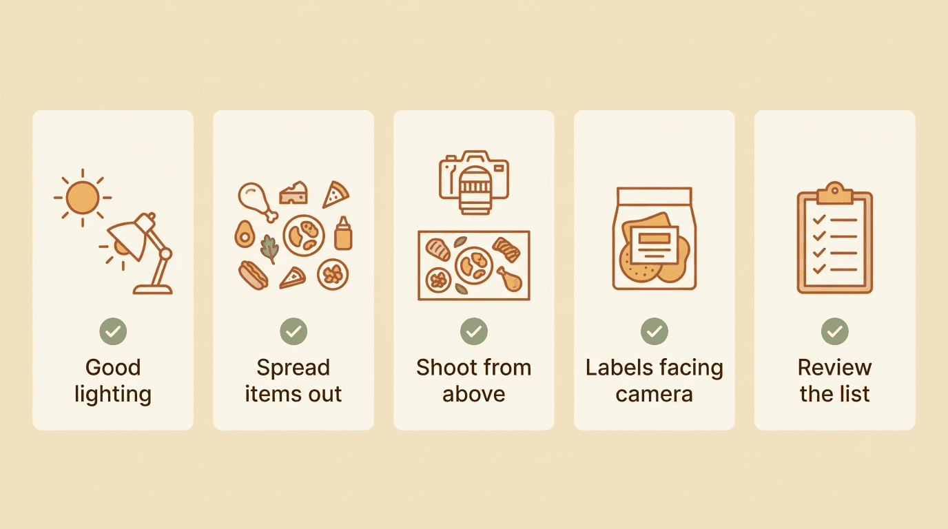 Checklist of photo tips: good lighting, spread items out, shoot from above, labels facing camera, review the list