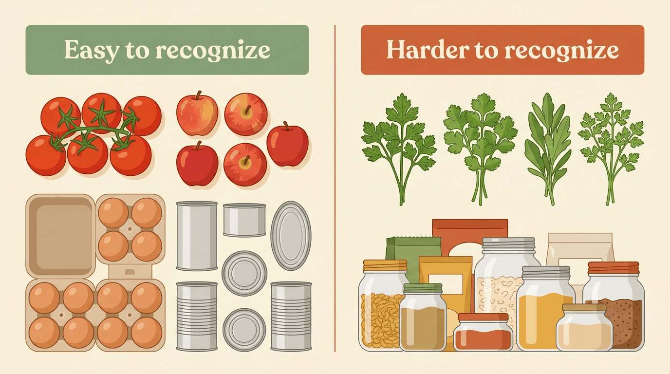 Comparison of foods that are easy versus hard for AI to recognize