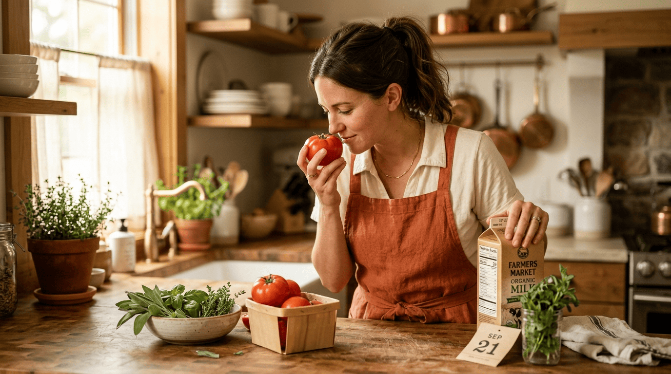 Home cook checking a tomato and milk carton for freshness by sight and smell