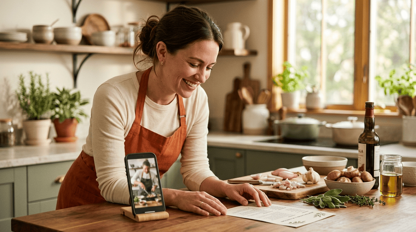 Home cook comparing a cooking video on a phone to a printed AI-generated recipe card in a warm kitchen