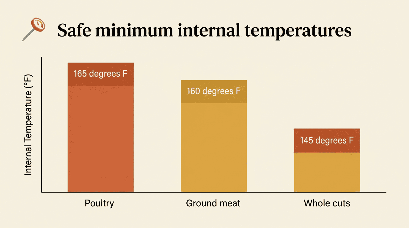 Bar chart of USDA safe minimum internal temperatures for poultry, ground meat, and whole cuts