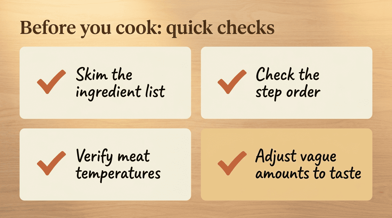 Checklist of four pre-cook checks in a warm kitchen palette
