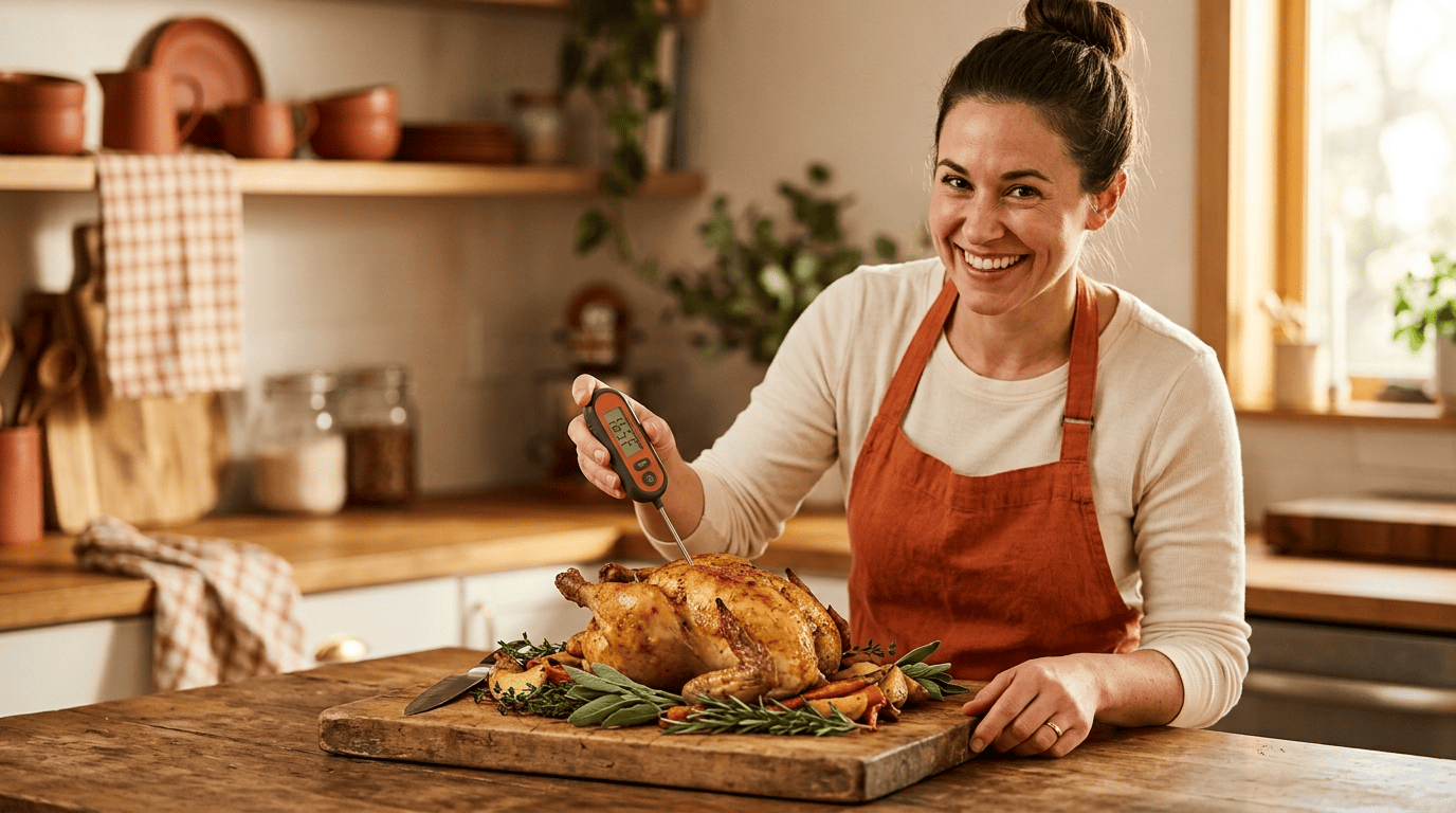 Home cook inserting a food thermometer into a roast chicken in a warm kitchen