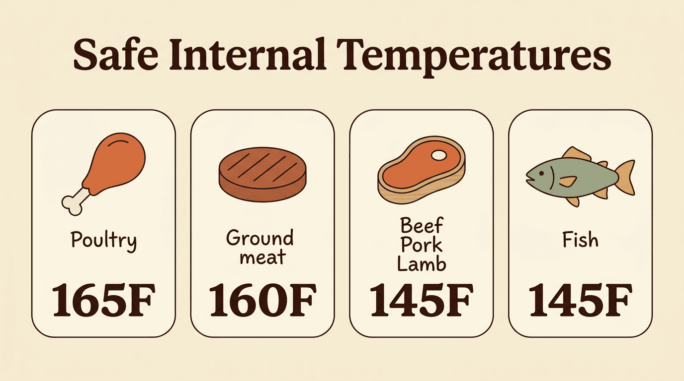 Infographic chart of USDA safe internal temperatures for poultry, ground meat, beef, pork, lamb and fish