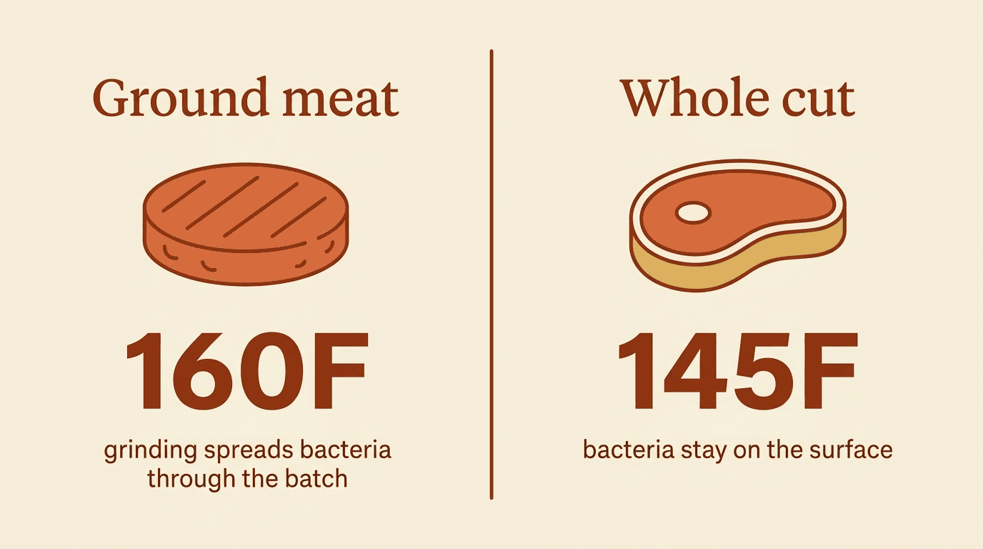 Comparison infographic of ground meat 160°F versus whole cut 145°F