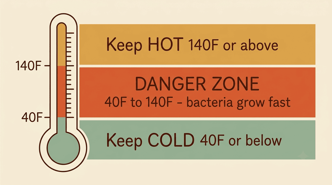 Thermometer infographic showing the food Danger Zone between 40°F and 140°F