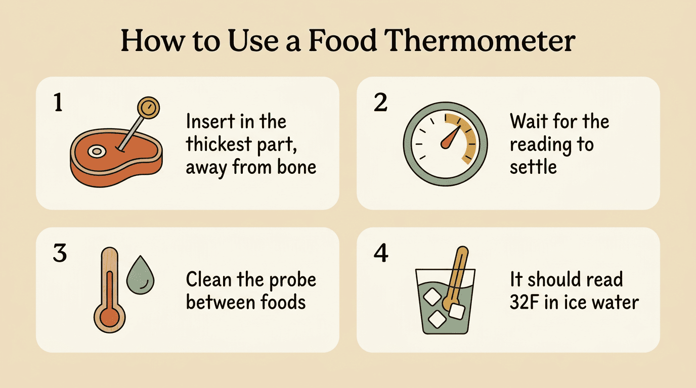 Four-step checklist infographic on how to use a food thermometer